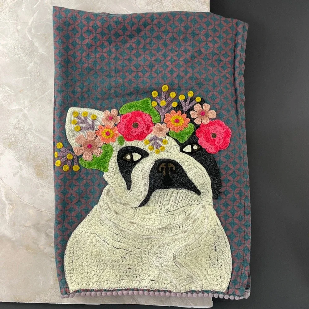 Karma Living French Bulldog Frenchie Pug Floral Crochet Applique Tea Towel 18x26